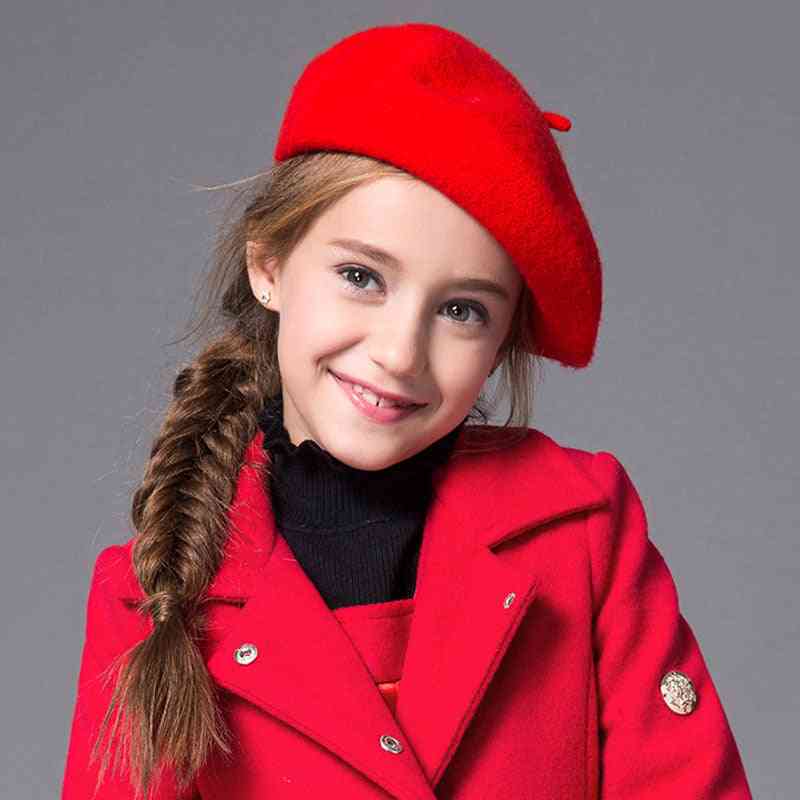 Kids Beret Winter Cute Black Red Wool Cap, Hat