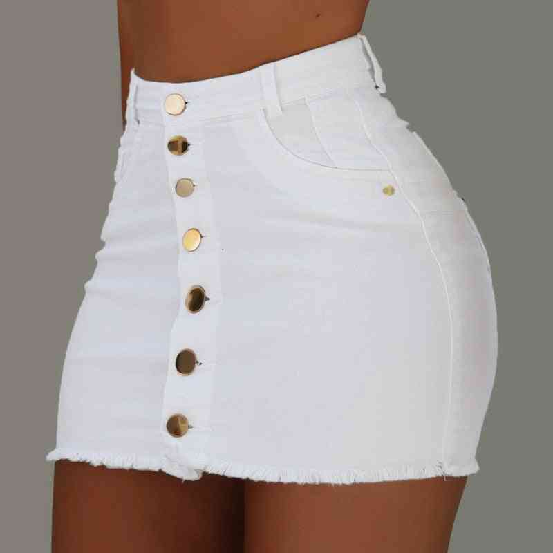 Women Button Denim Jeans Bodycon Mini Skirts, High Waist Summer Shorts