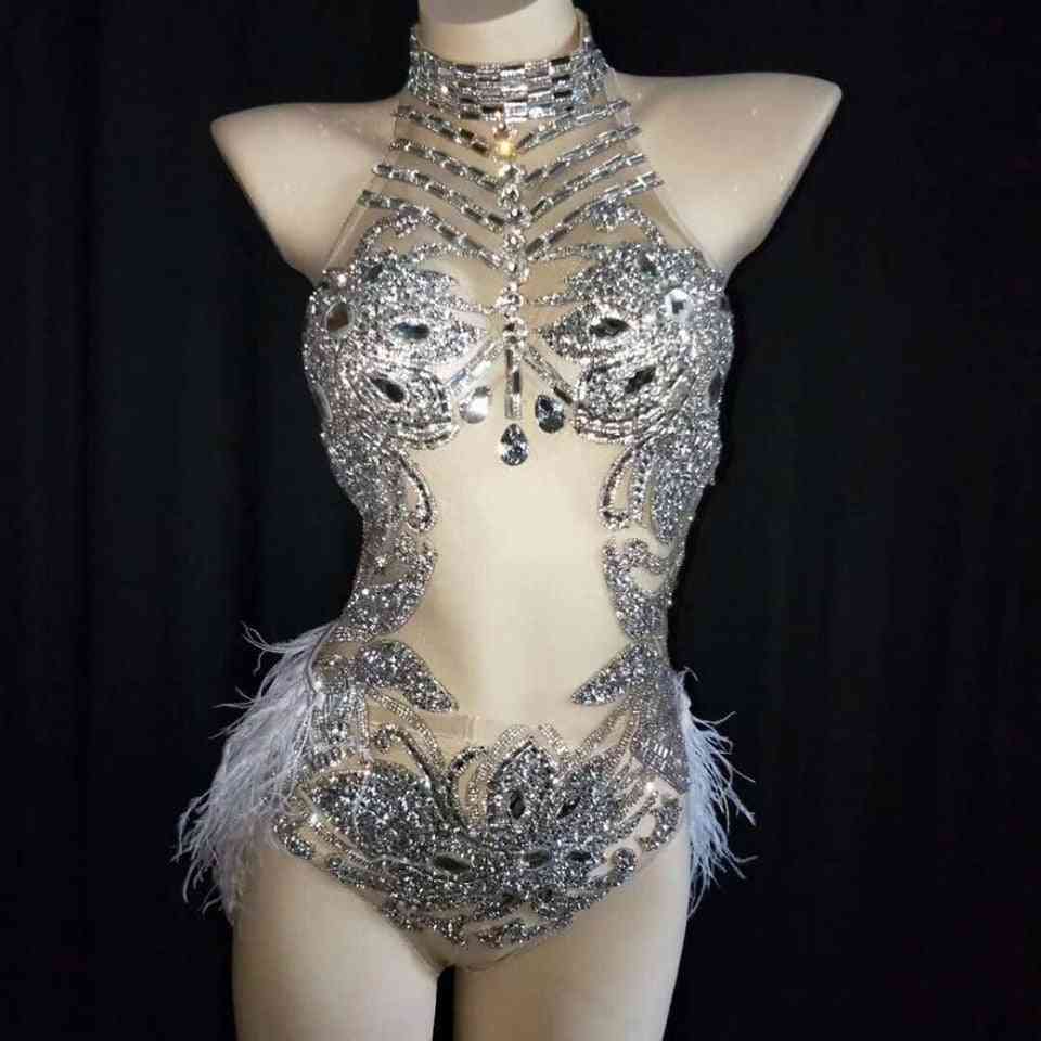 Sparkly Crystals, Feather Bodysuit For Party Dance