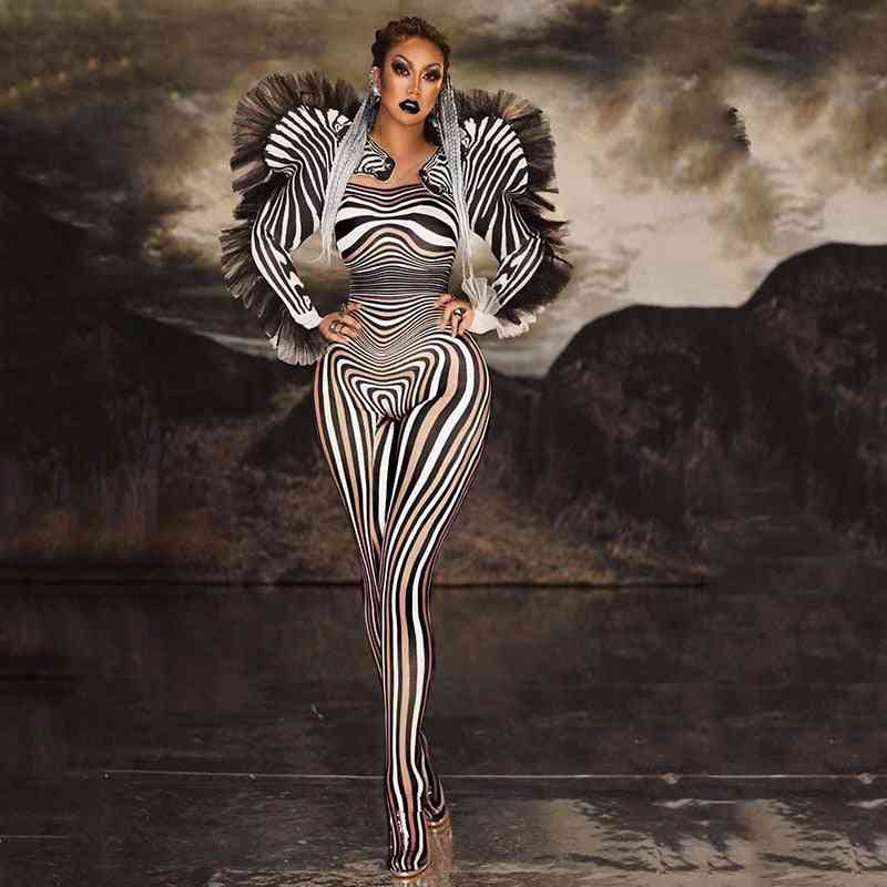 Fashion Zebra Pattern Women Singer Stage Outfit Bar Ds Dance Bodysuit
