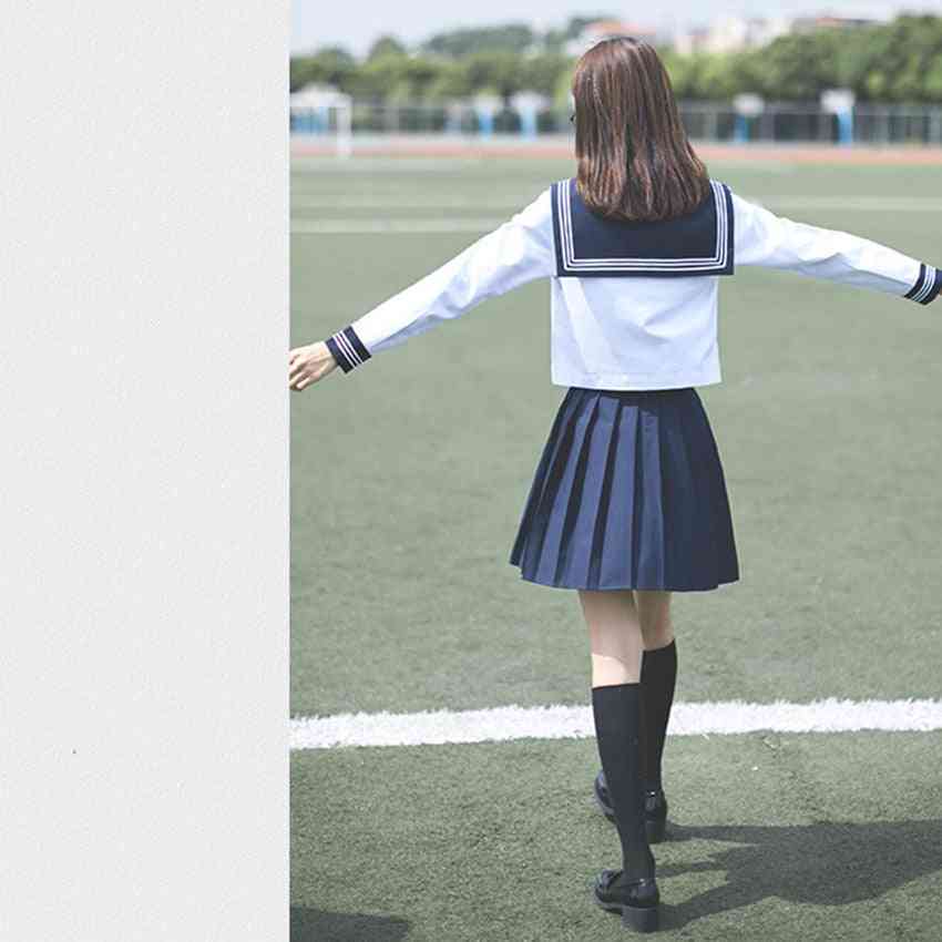 училищна униформа, момиче косплей завършващ топ, поли, яка и чорапи комплект