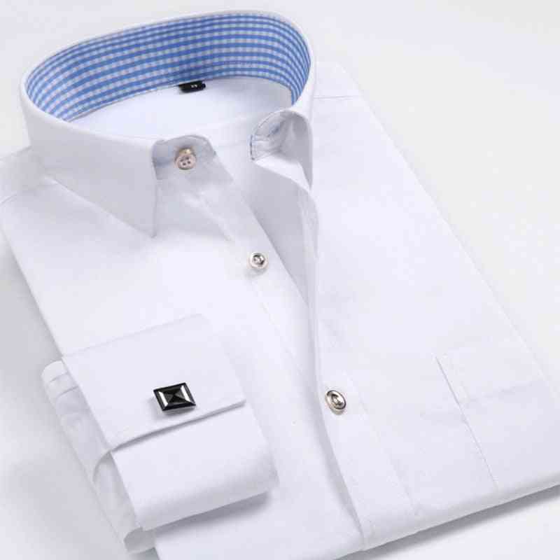 Koszule z mankietami, męskie z długim rękawem, formalna koszula biznesowa, jednolity smoking ślubny ze spinkami do mankietów