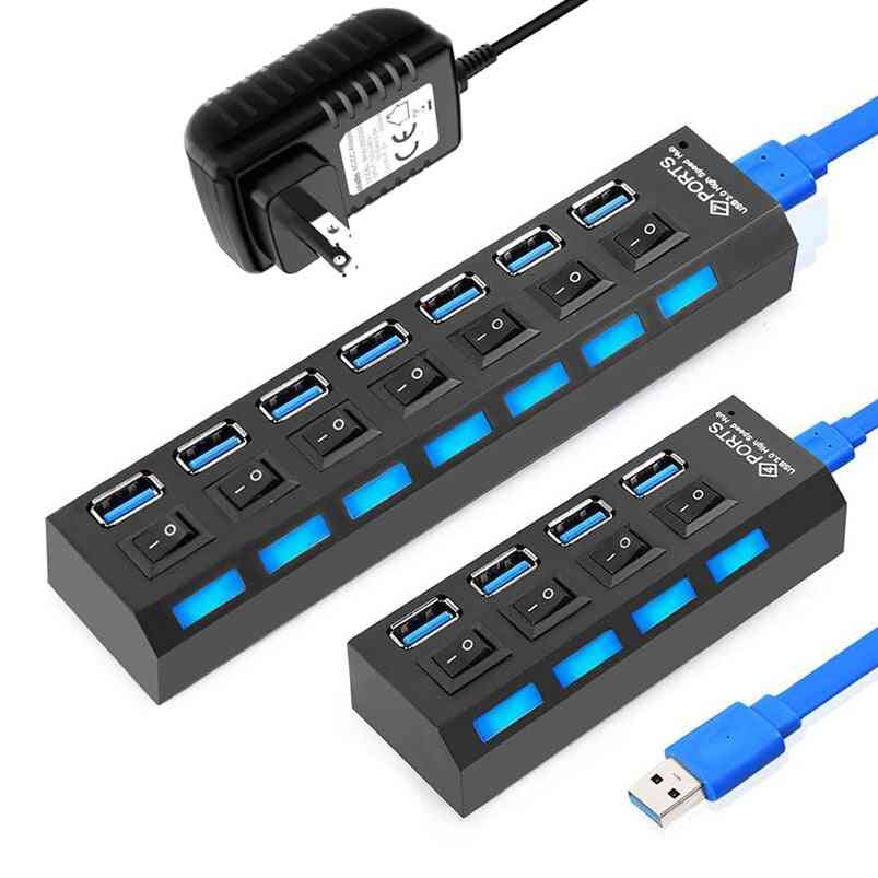 Usb Hub 3.0 Multi Splitter, Power Adapter 4/7 Port With Switch For Pc