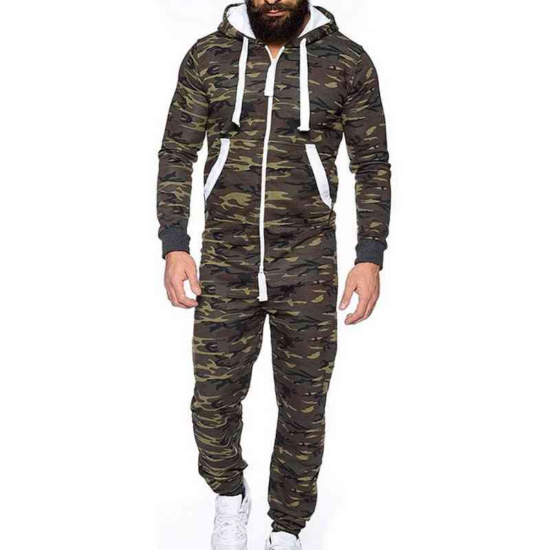 Autumn Winter Men's Zipper Jumpsuit, Patchwork Sportswear, Casual Hooded With Pocket