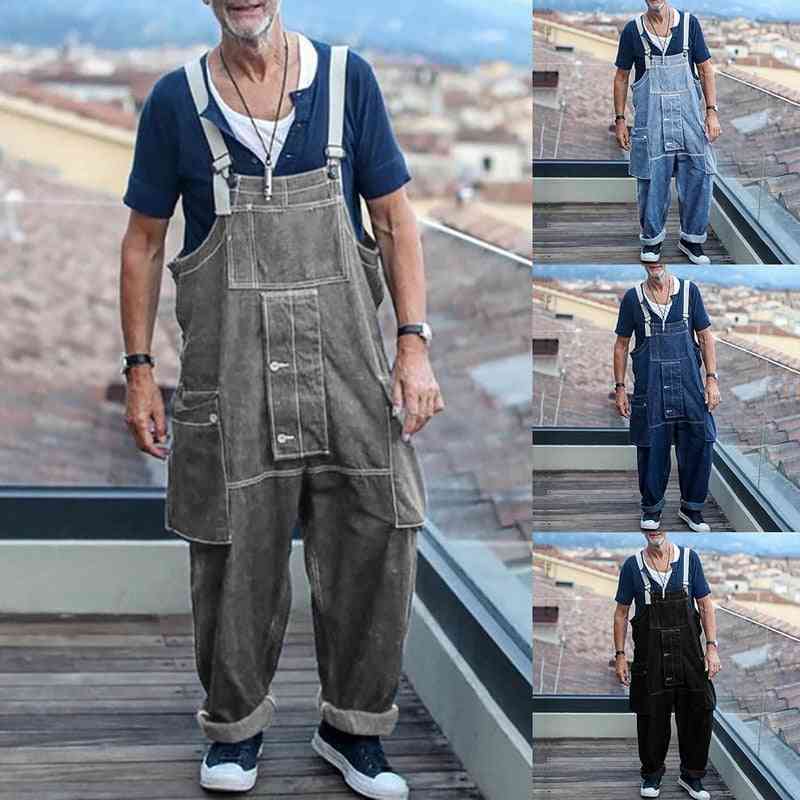 Herenjeans, trendy baggy grote zak, denim heren losse jumpsuits met volledige lengte