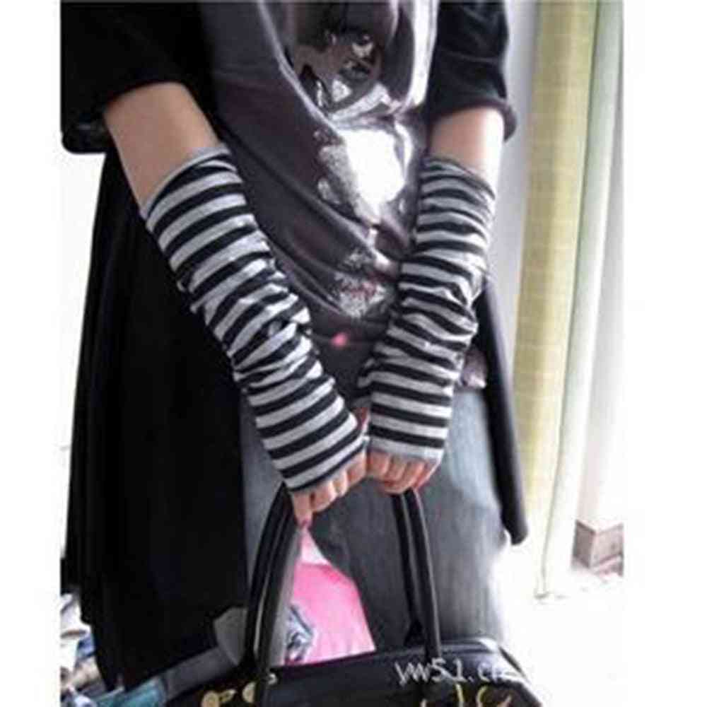 Arm Warmers Knitted Fingerless Long Sleeve Soft Striped Elbow Gloves