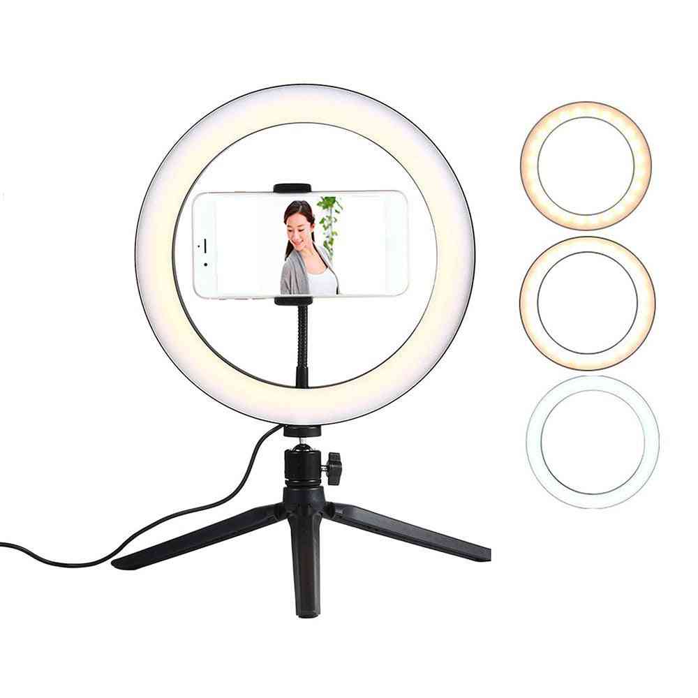 Lâmpada de anel de telefone com câmera regulável de 26 cm com tripés de mesa