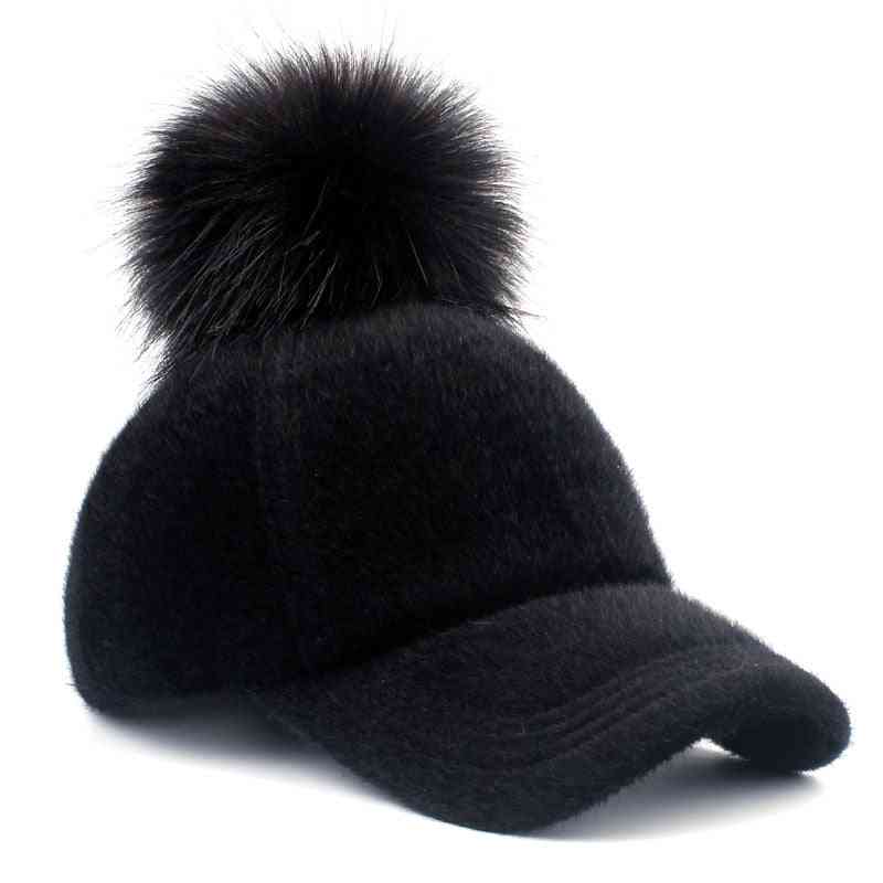 Berretto invernale da baseball con pompon in pelliccia sintetica, cappello snapback casual regolabile