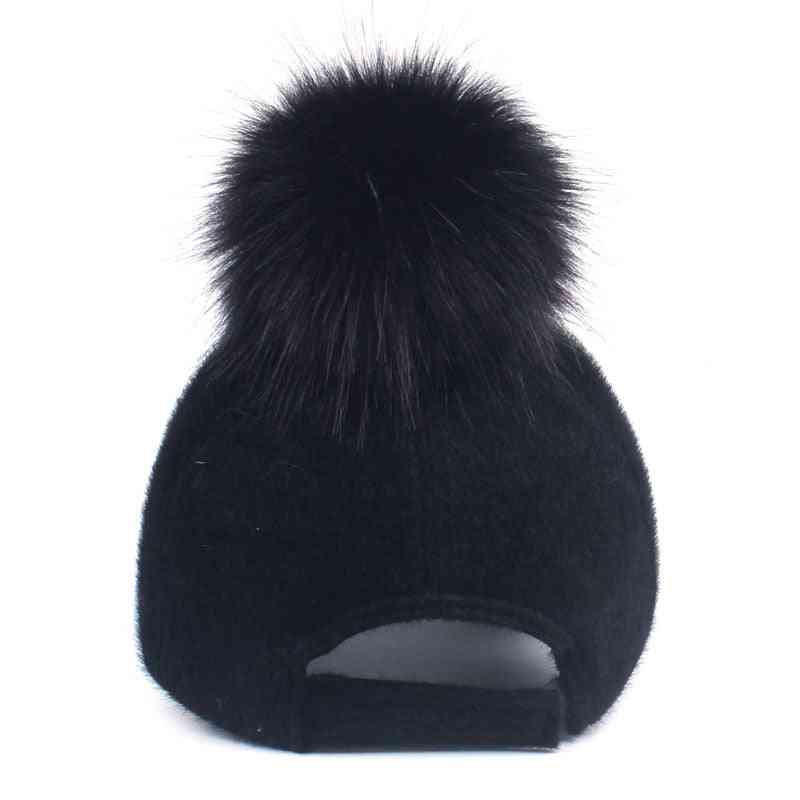 Baseball Winter Cap Faux Fur Pompom , Adjustable Casual Snapback Hat