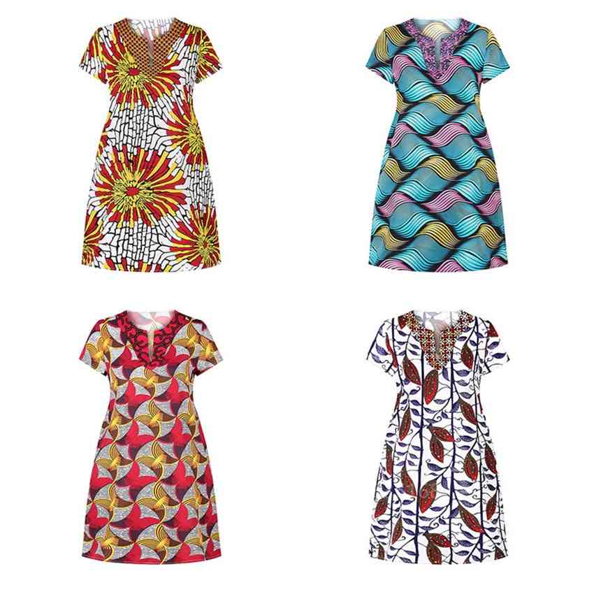 Summer V-neck Dress, Plus Size Pocket Elegant Dashiki Print African Dresses