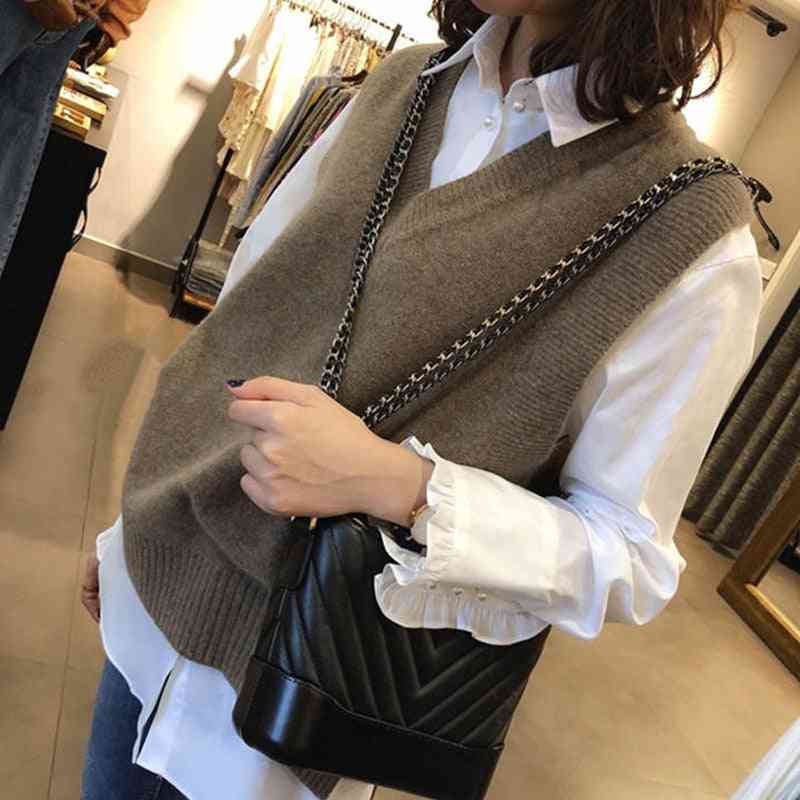 Casual V Neck Pullover Knitted Sleeveless, Warm Sweater Vest