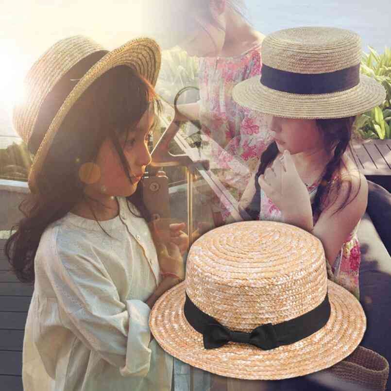 Cute Straw & Bowknot Sun Hat, Ribbon Round Flat Fedora Hats