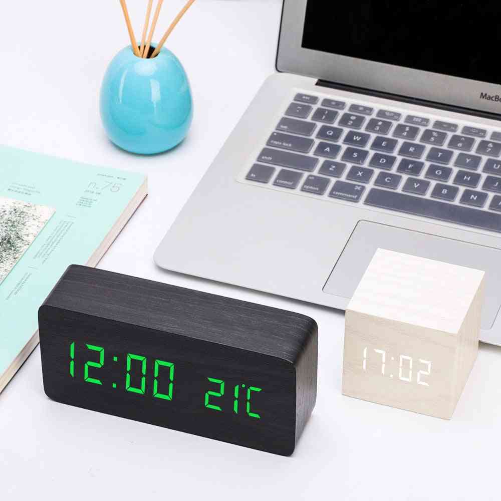 New Multicolor Led Wooden Alarm Watch Table Voice Control Digital Wood Electronic Clock