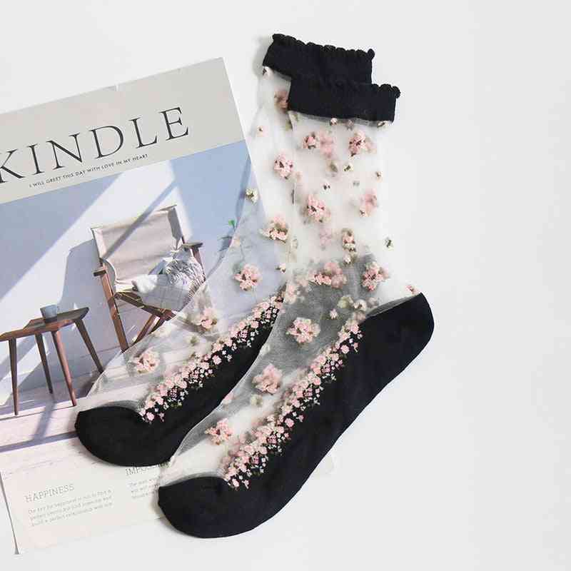 Letný transparentný čipkovaný krištáľový kvet, ultra tenké ponožky