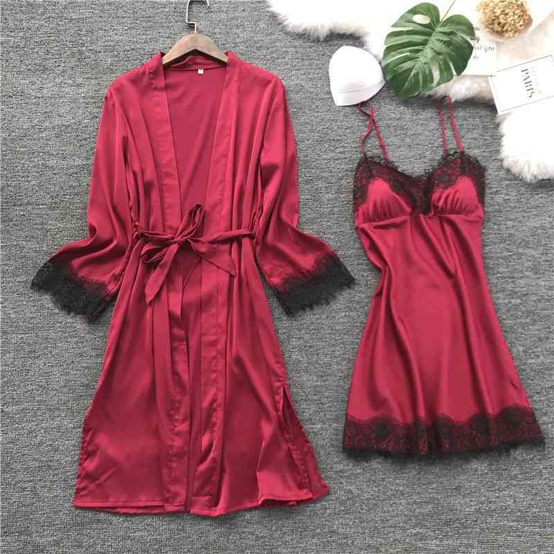 Women Summer Silk Robe Gown Set, Sleepwear Dress