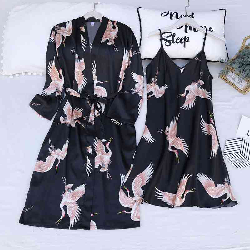Satin Bathrobe Gown Print Cranes, Sleepwear Summer Nightgown