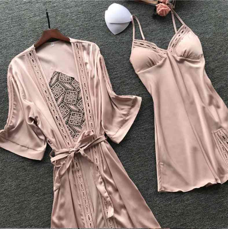 Women Satin Lace Intimate Sleepwear Set Nightgown, Robe Brides Gown