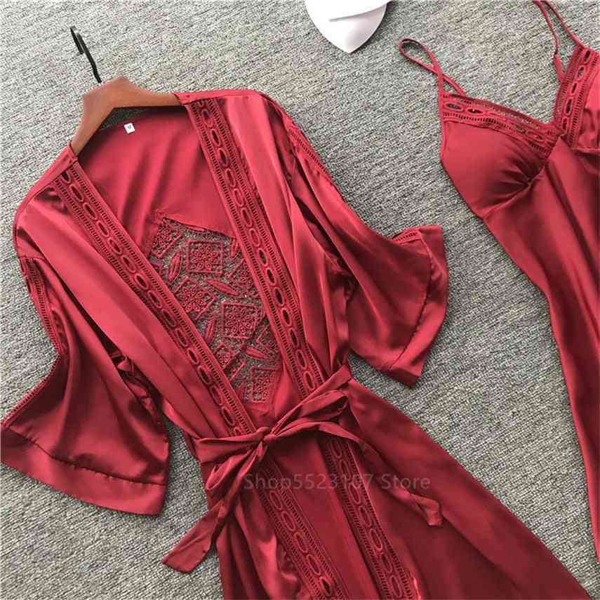 Women Robe Gown Sets - Satin Pajamas Embroidery, Hollow Out, Night Dress