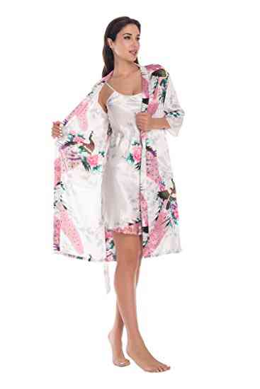 2-piece Set- Silk Peacock, Kimono Robes, Sexy Lingerie, Satin Nightgown