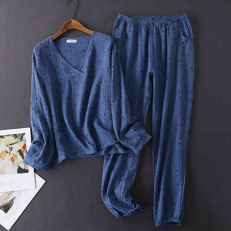 Cotton V-neck, Texture Crepe, Long-sleeved, Pajamas Trousers