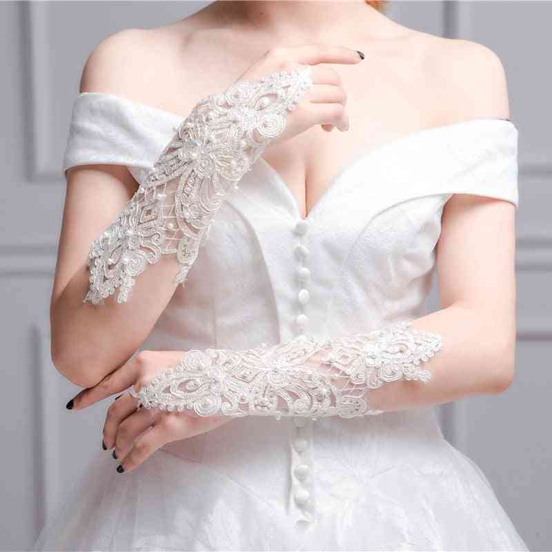Women Fingerless Bridal Elegant Short Rhinestone Lace Gloves