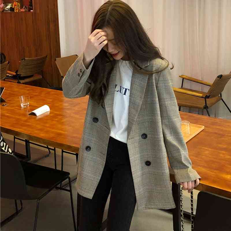 Office Collar Plaid Women Blazer, Double Breasted Autumn Jacket Suits