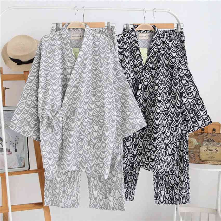 Japanese Traditional Pajamas, Wave Print V-neck Loose Style Sleepwear Trousers