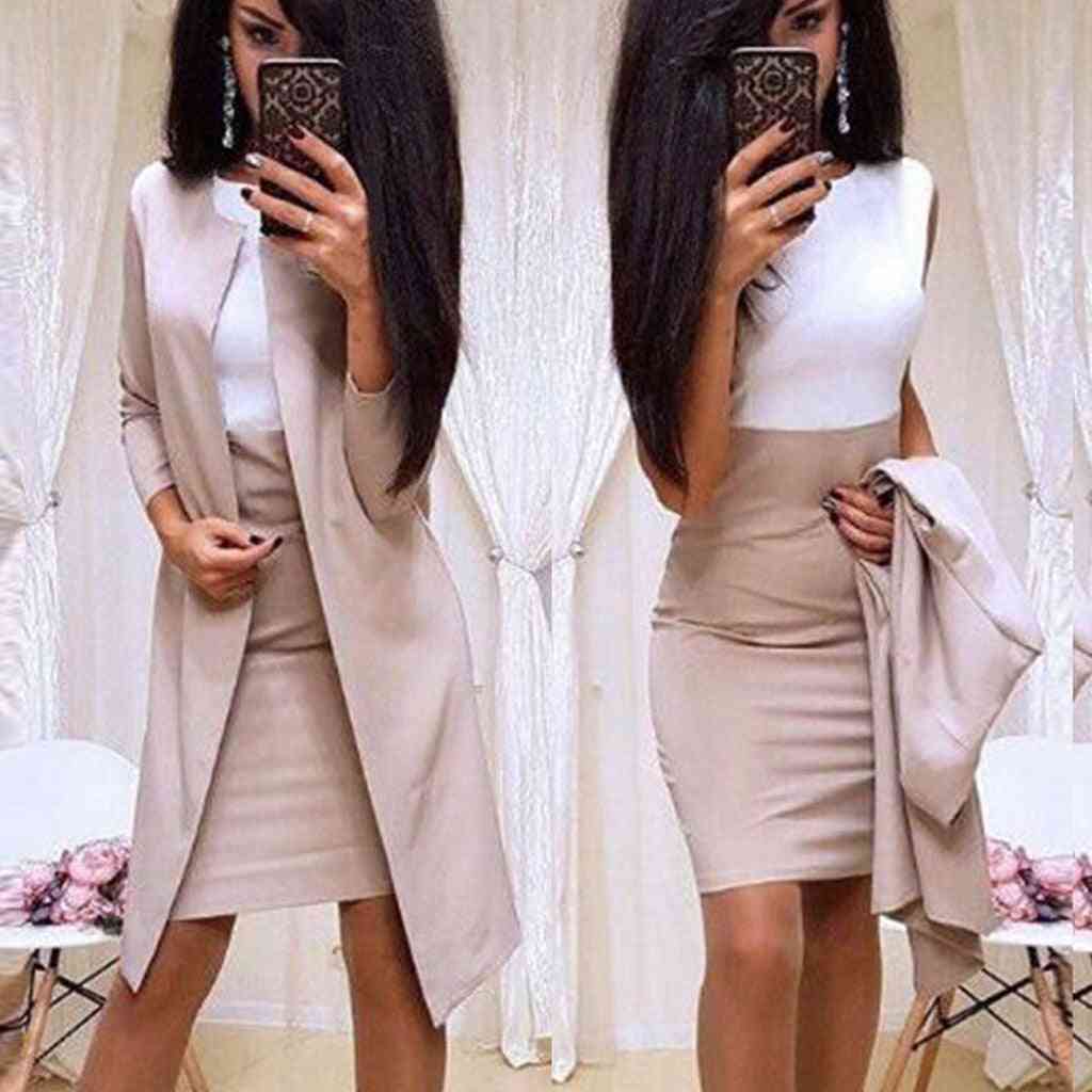 Women Blazer Coat & Slim Mini Dress Set, Workwear O-neck Dresses Suits