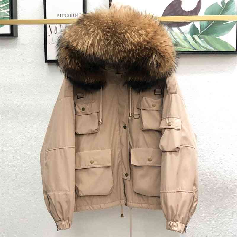 Gran abrigo de piel de mapache natural para mujer, parka de pato grueso de invierno, chaqueta corta con capucha para mujer, prendas de vestir exteriores