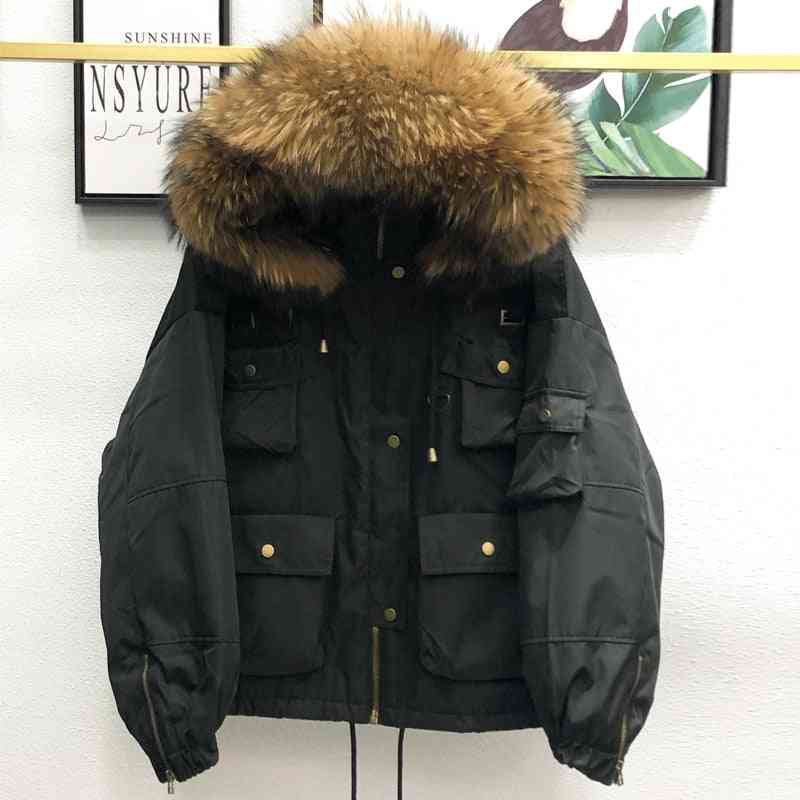 Gran abrigo de piel de mapache natural para mujer, parka de pato grueso de invierno, chaqueta corta con capucha para mujer, prendas de vestir exteriores