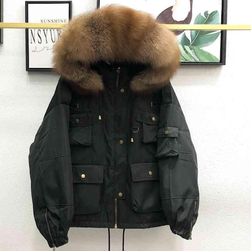 Grande piumino da donna in pelliccia di procione naturale, parka invernale con anatra spessa giacca corta con cappuccio da donna