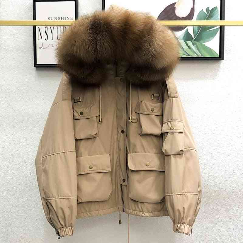 Großer natürlicher Waschbärenfell Frauen Daunenmantel, Winter dicke Ente Parka weibliche Kapuze kurze Jacke Oberbekleidung