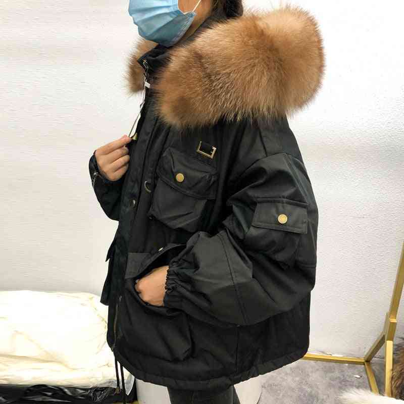 Duży płaszcz damski z naturalnego futra szopa, zimowa gruba kaczka parka damska krótka kurtka z kapturem