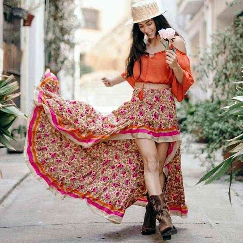 Women Irregular Maxi Cotton Skirts, Floral Summer Skirt