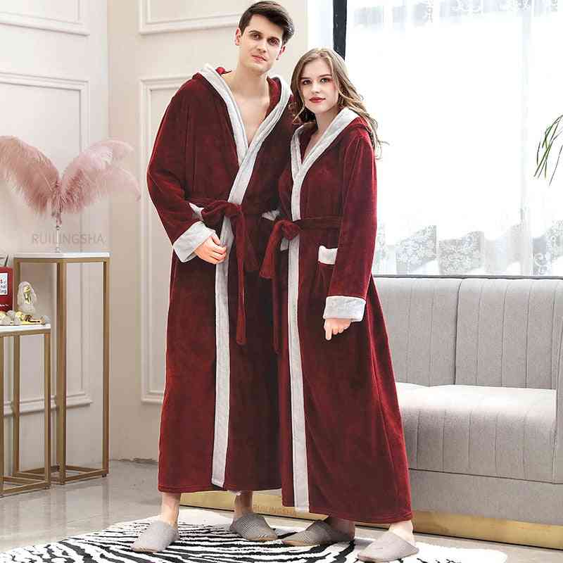 Men, Women Winter Plus Size Long, Cozy Flannel Bathrobe, Coral Fleece Sleepwear