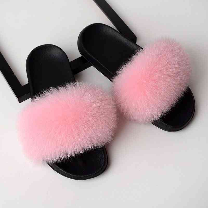 Women Real Fox Fur Slides Home Furry Flat Cute Fluffy House Shoes