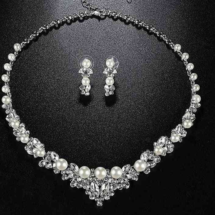 Elegant Simulated Pearl Leaf, Crystal Necklace + Earrings Set