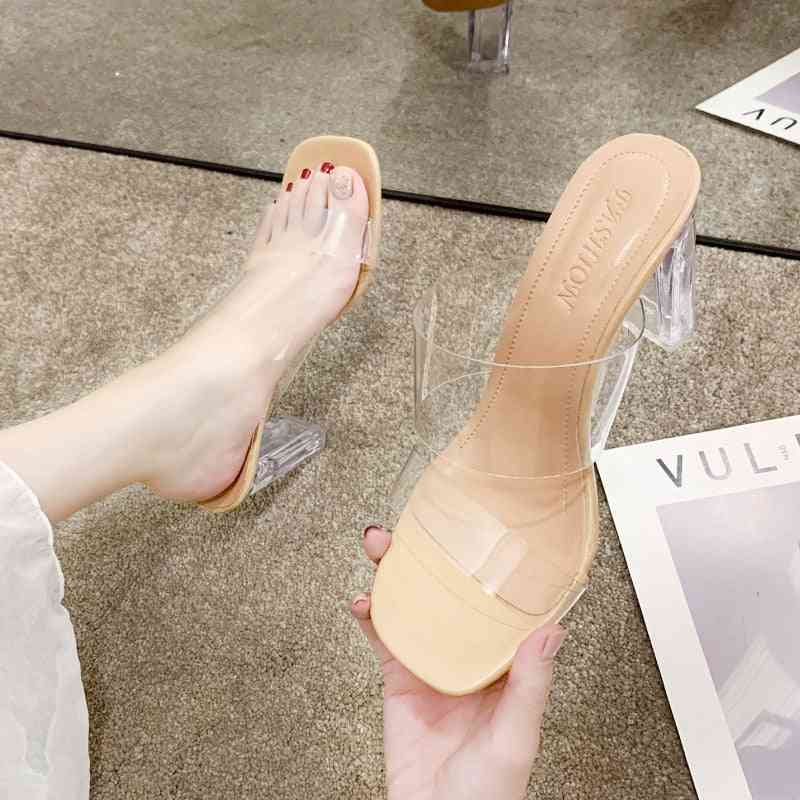 Kvinner firkantede tå sandaler, sommer høye pumper tøfler