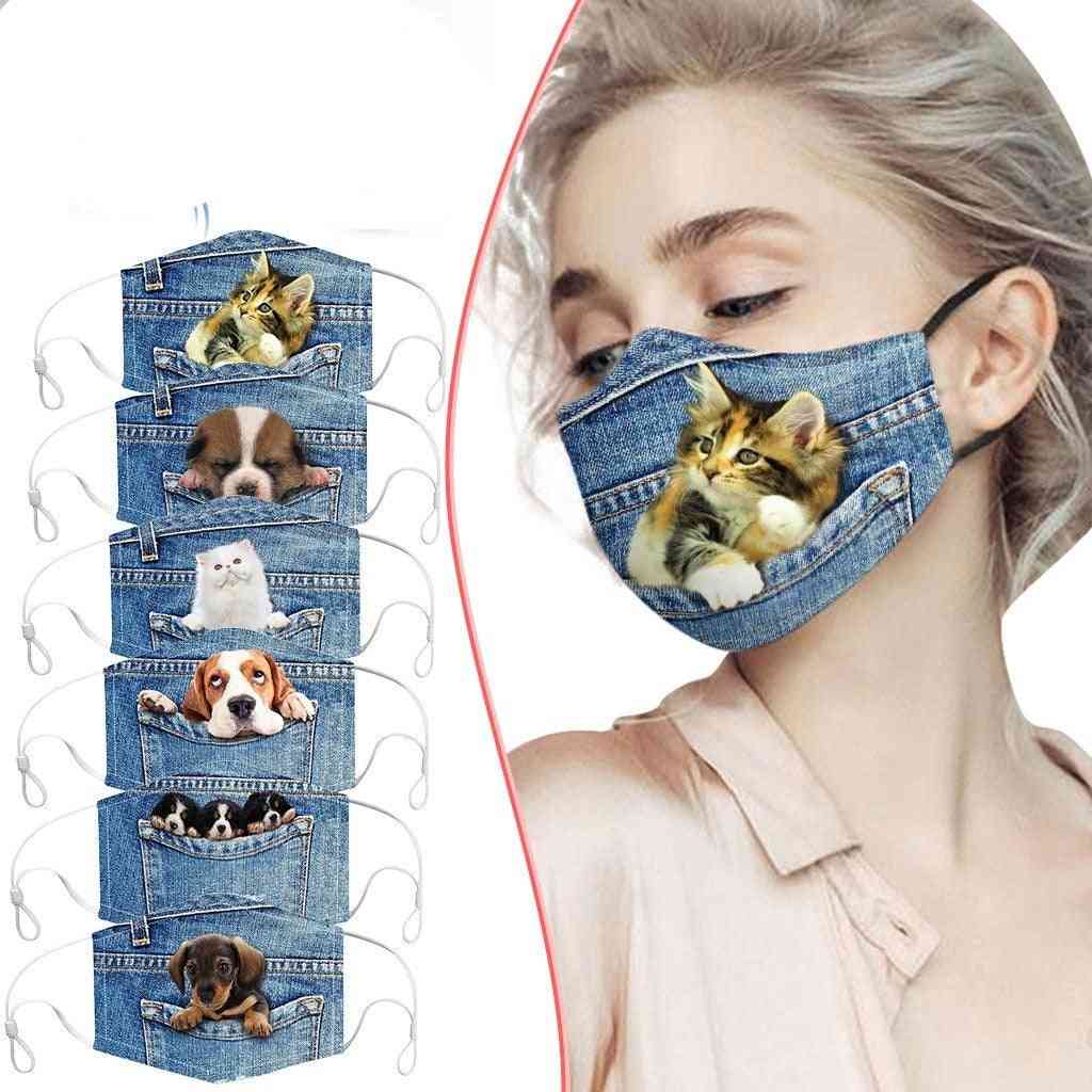 6-kleuren print mond, denim kat & hond thema, gezichtsmaskers