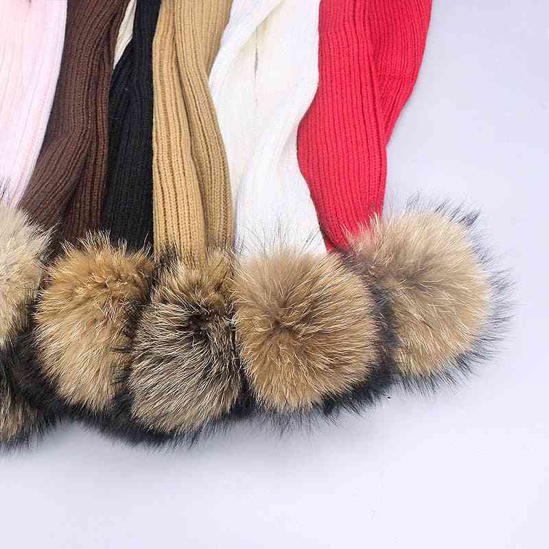 Dziewczęce komplety z pomponem i szalikami, zimowa dzianinowa ciepła czapka z naturalnego futra