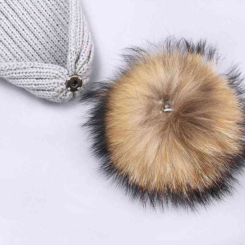 Girl Pompon And Scarves Sets, Winter Knitted Warm Nature Fur Hat