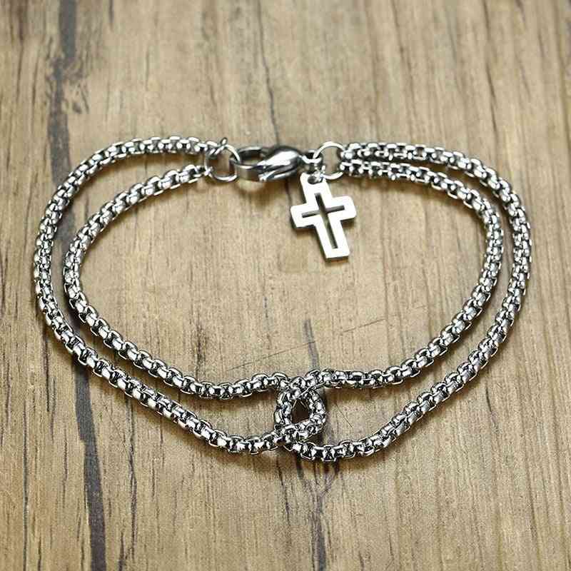 Double Strand Rolo Chain With Cross Charms Bracelet