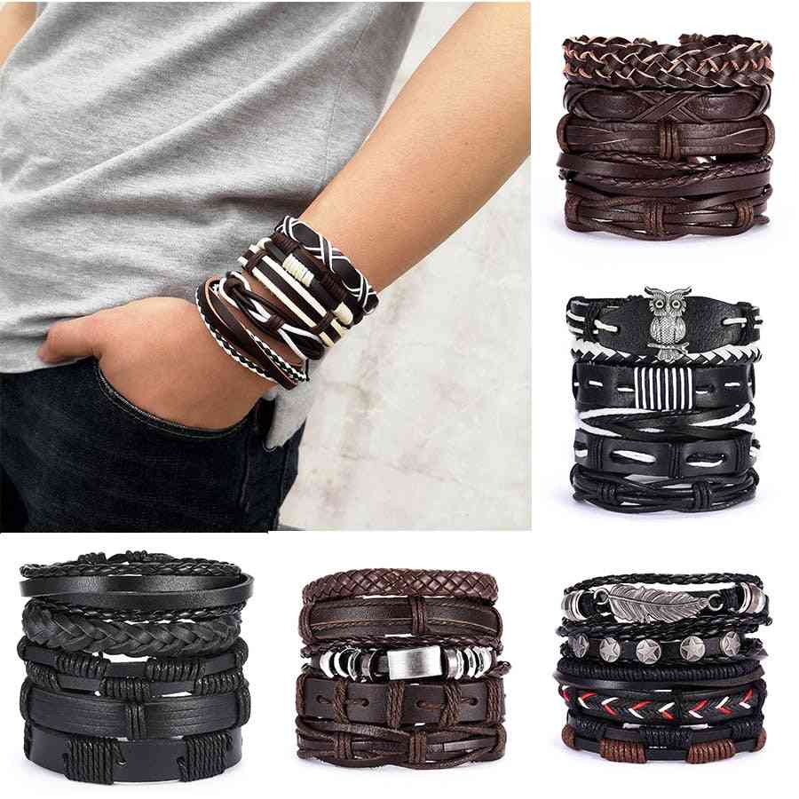 Men Bracelets, Vintage Multilayer Leather Braid Bracelets