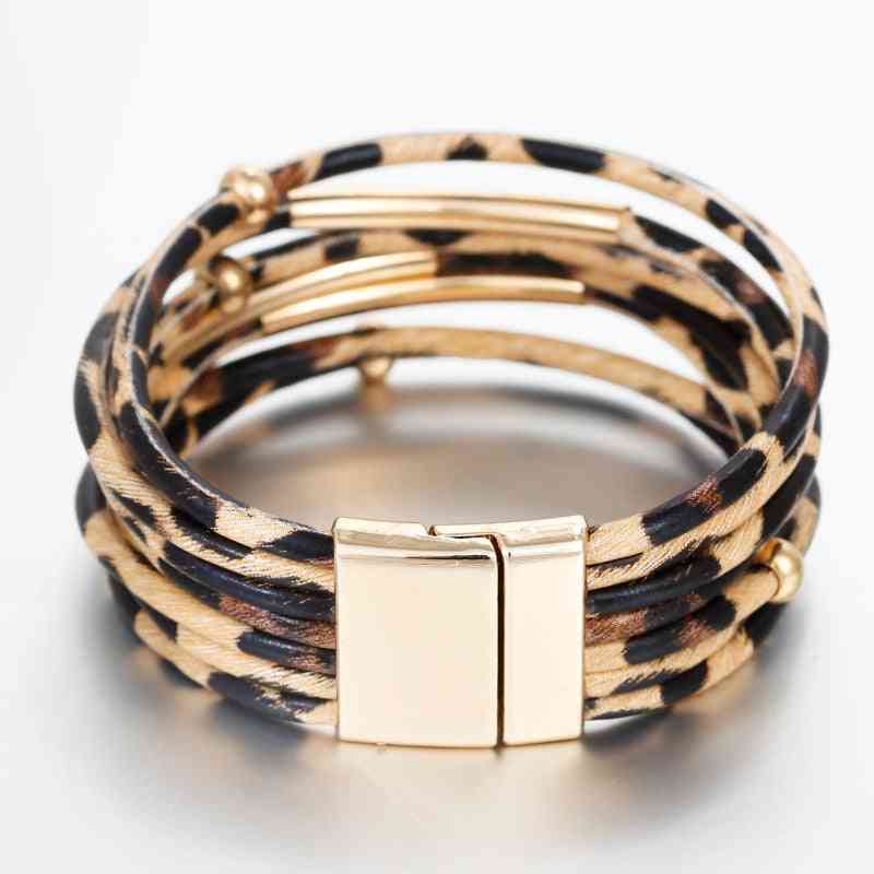 Elegant Multilayer Wide Wrap, Leopard Leather Bracelets