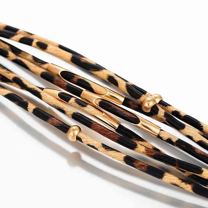 Elegant Multilayer Wide Wrap, Leopard Leather Bracelets