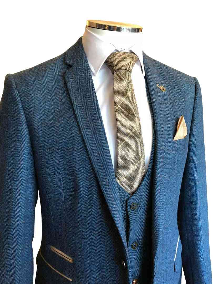 Men's Herringbone Formal Weddiing Suit Jacket, Pants & Vest Set