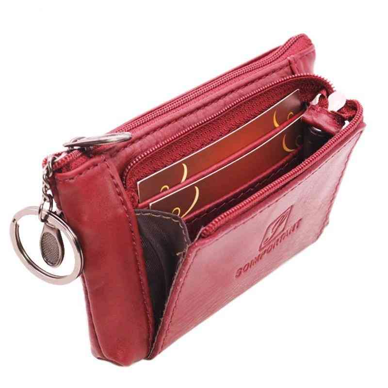 Leather Cowhide Coin Purse, Small Zipper, Pouch Card Holder Wallets With Key Ring