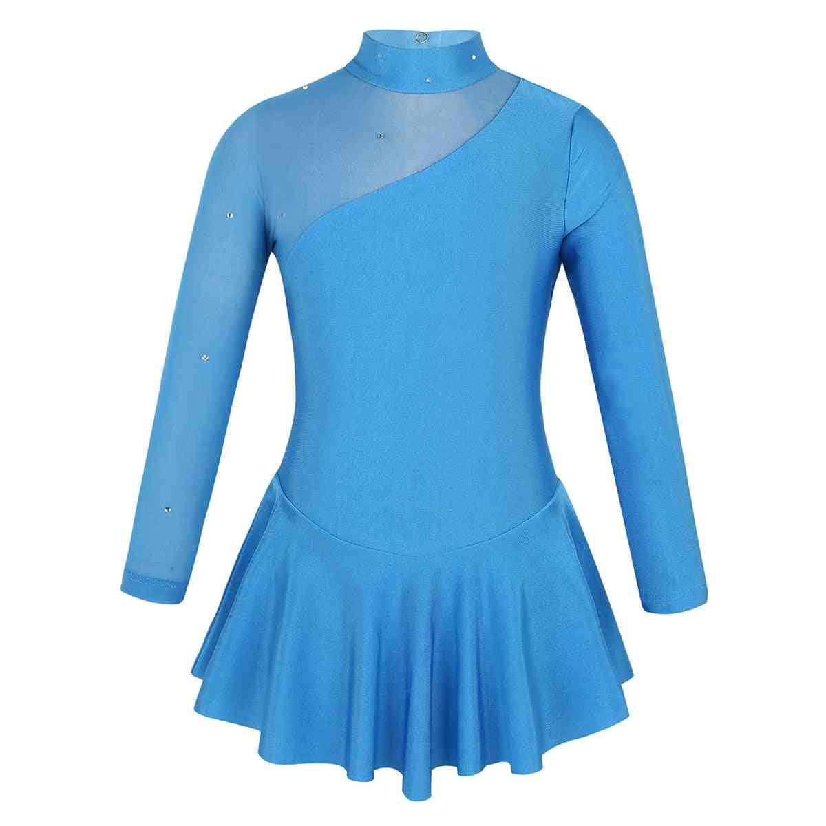 Vestido de competición de patinaje sobre hielo para niñas, recortes de empalme de tul de manga larga