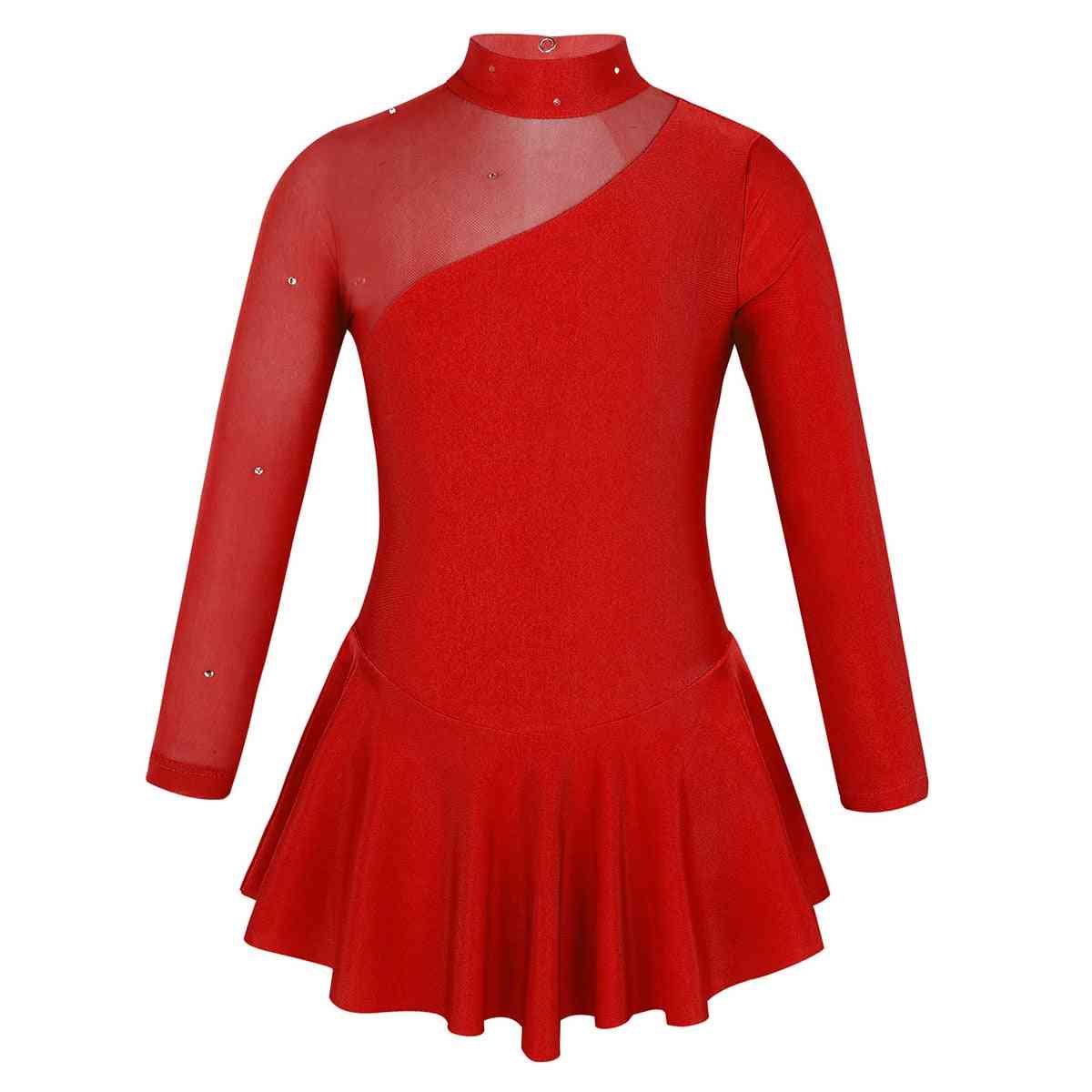 Girls Figure Ice Skating Competition Dress, Long Sleeves Tulle Splice Cutouts