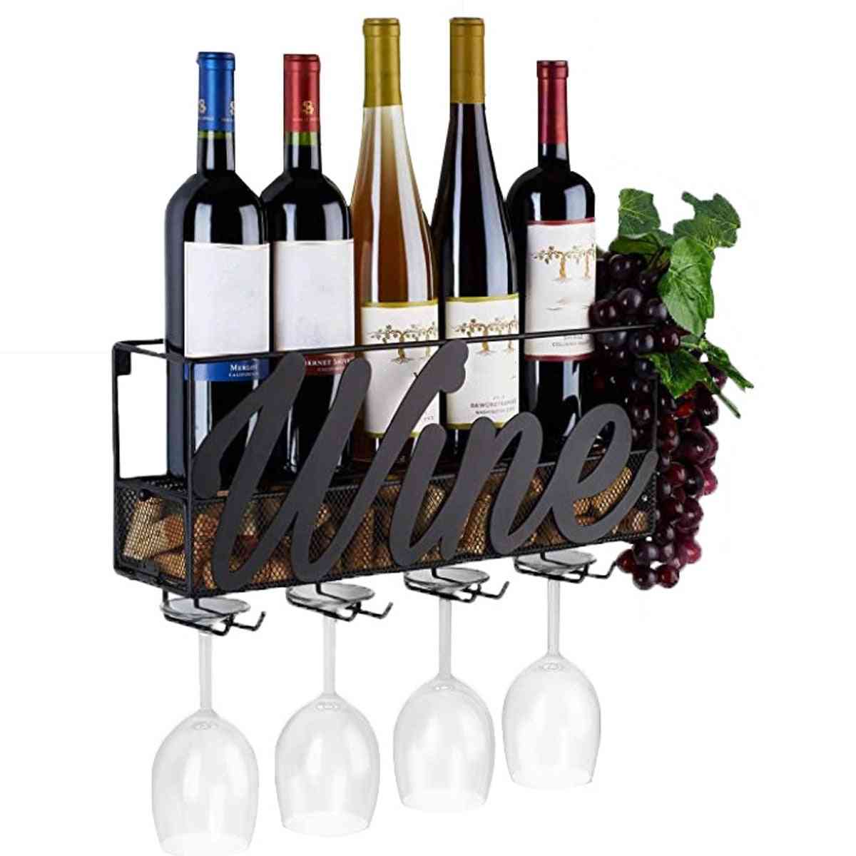 Wine Rack, Bottle Store, Wall Mounted Shelf With 4 Built-in Wine, Glass Holders